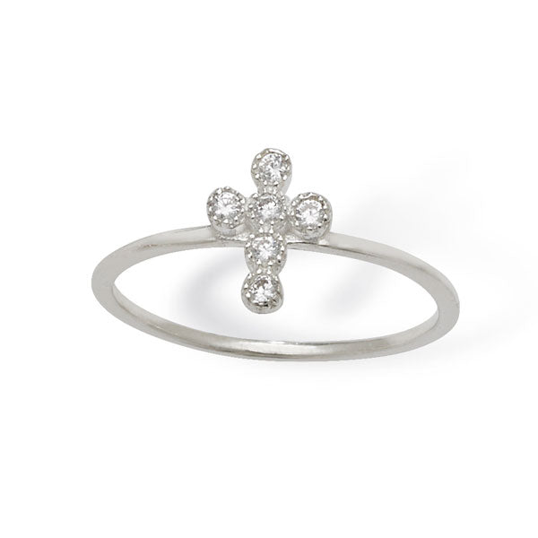Sterling Silver Rubover Set CZ Cross Ring
