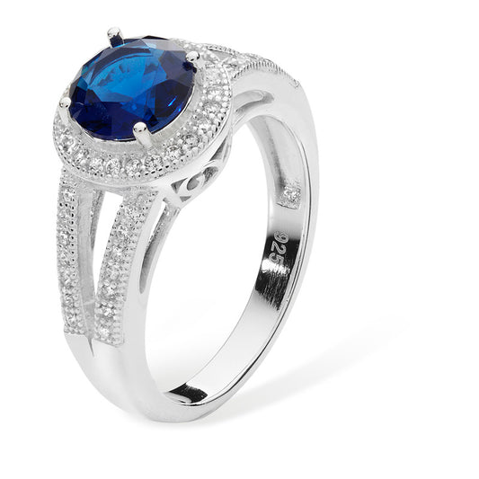 Sterling Silver Sapphire And Cubic Zirconia Ring