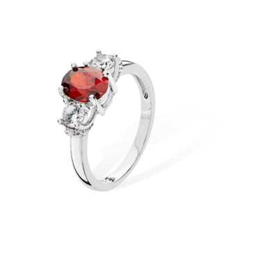 Sterling Silver Red Oval Ring With Cubic Zirconia Shoulders