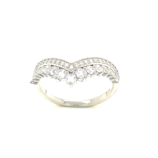 Sterling Silver Double Row Cubic Zirconia Wishbone Ring