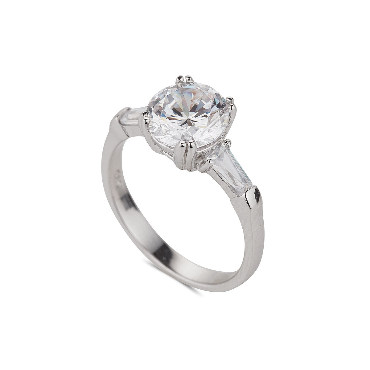 Sterling Silver Cubic Zirconia Solitaire And Baguette Ring