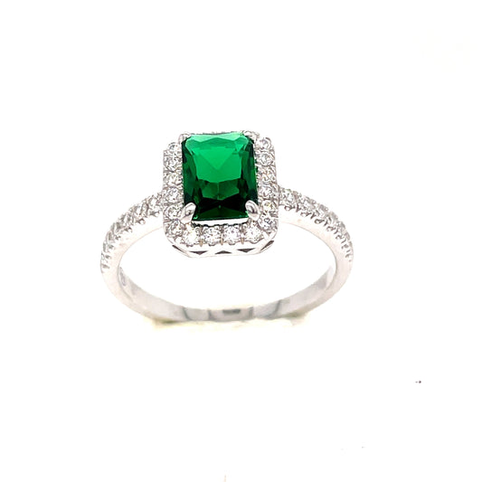 Sterling Silver Cubic Zirconia Green Halo Ring