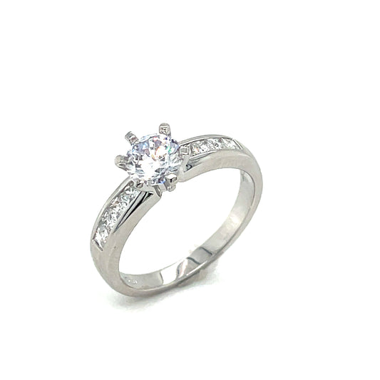 Sterling Silver Cubic Zirconia Solitaire Stone Shoulder Ring