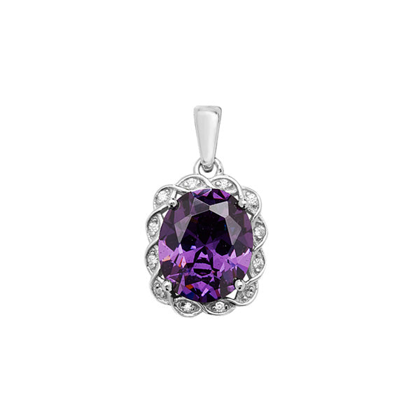 Sterling Silver Cubic Zirconia And Purple Oval Cluster Pendant
