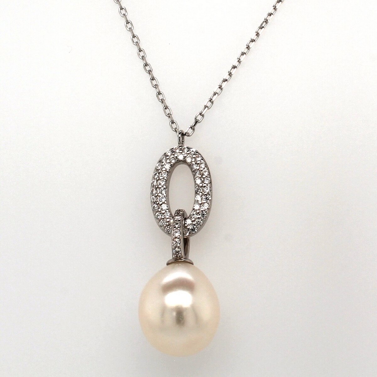 Sterling Silver Pearl And Cubic Zirconia Loop Drop Pendant