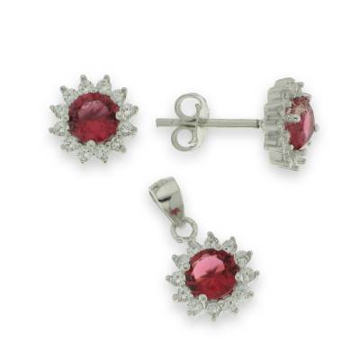 Sterling Silver Cubic Zirconia And Red Pendant And Earring Set