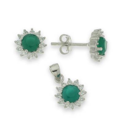Sterling Silver Cubic Zirconia & Green Pendant And Earring Set