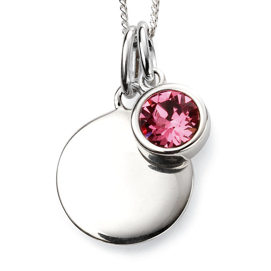 Sterling Silver Disc October Pink Birthstone Charm Pendant