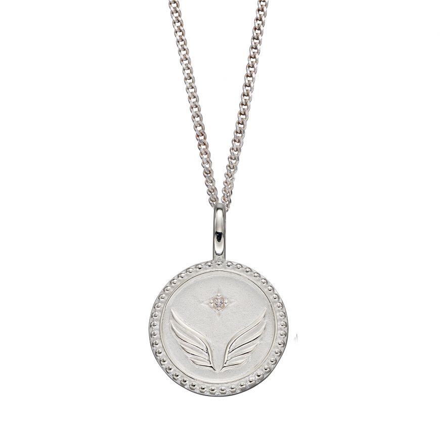 Silver Disc Cubic Zirconia And Wing Pendant