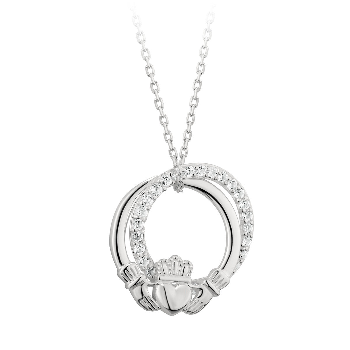 Sterling Silver Claddagh Open Link Cubic Zirconia Pendant