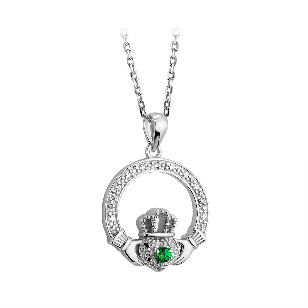 Sterling Silver Claddagh Open Pendant With Green Cubic Zirconia
