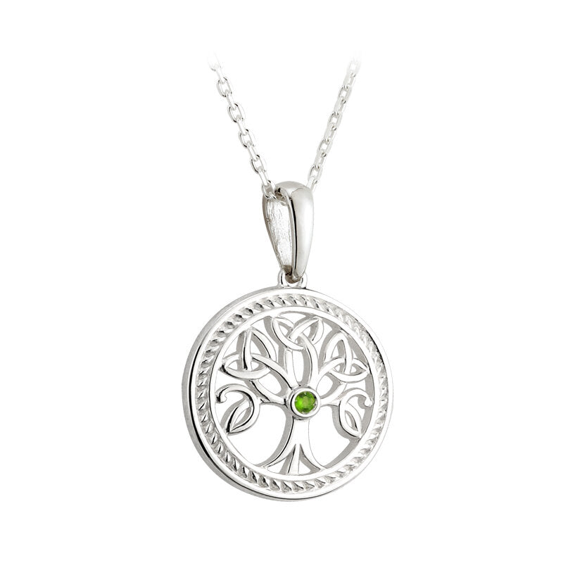 Sterling Silver Tree Of Life Pendant With Green Cubic Zirconia