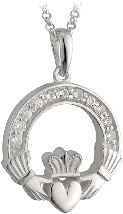 Sterling Silver Open Claddagh Cubic Zirconia Pendant
