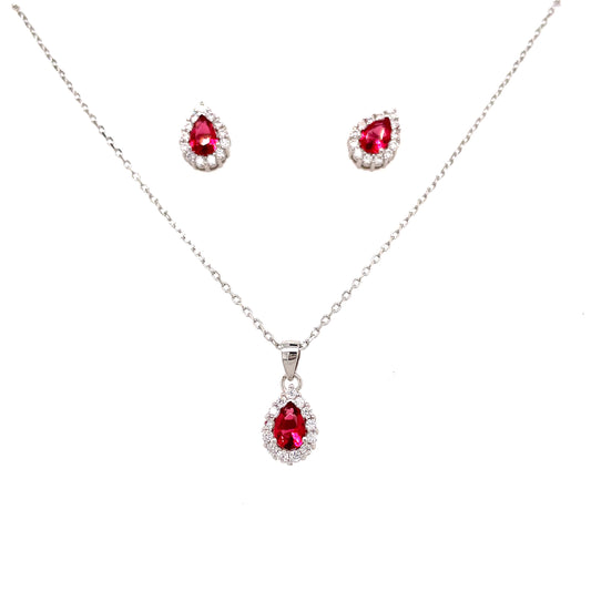 Sterling Silver Cubic Zirconia Red Pendant And Earring Set