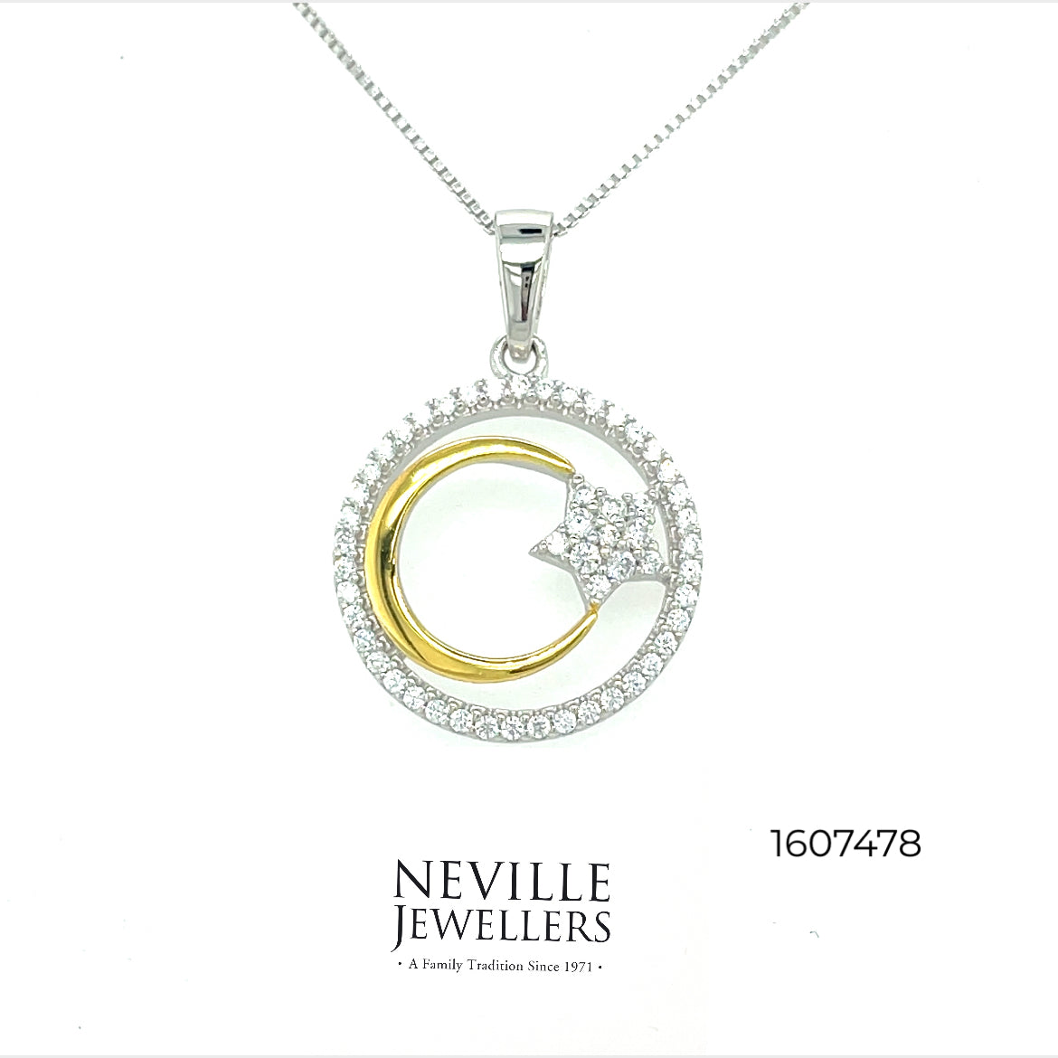 Sterling Silver Open Circle Moon And Star Cubic Zirconia Pendant