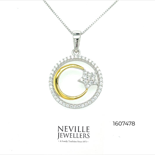 Sterling Silver Open Circle Moon And Star Cubic Zirconia Pendant