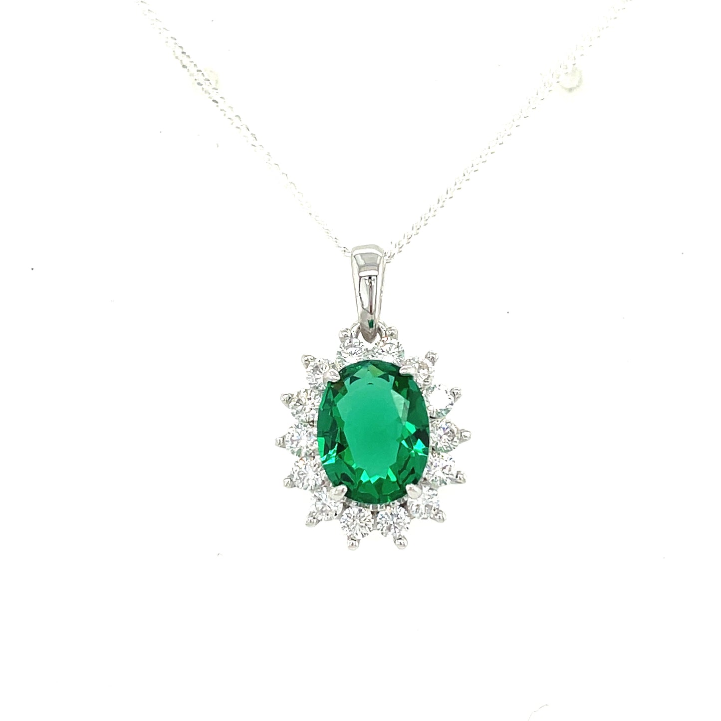 Sterling Silver Oval Cluster Cubic Zirconia And Green Pendant