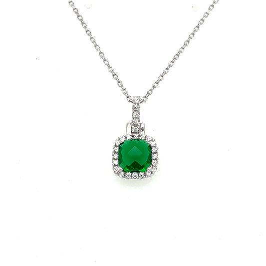Sterling Silver Square Cluster Cubic Zirconia And Green Pendant