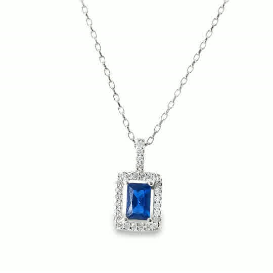 Sterl;Ing Silver Cubic Zirconia/Blue Square Cluster Pendant