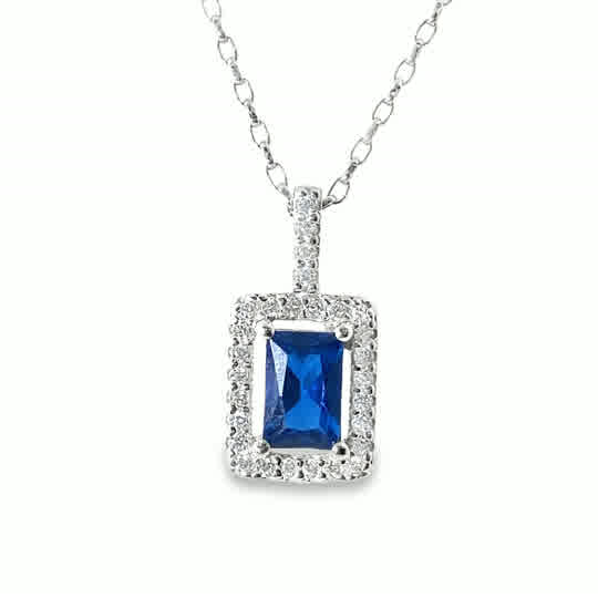 Sterl;Ing Silver Cubic Zirconia/Blue Square Cluster Pendant