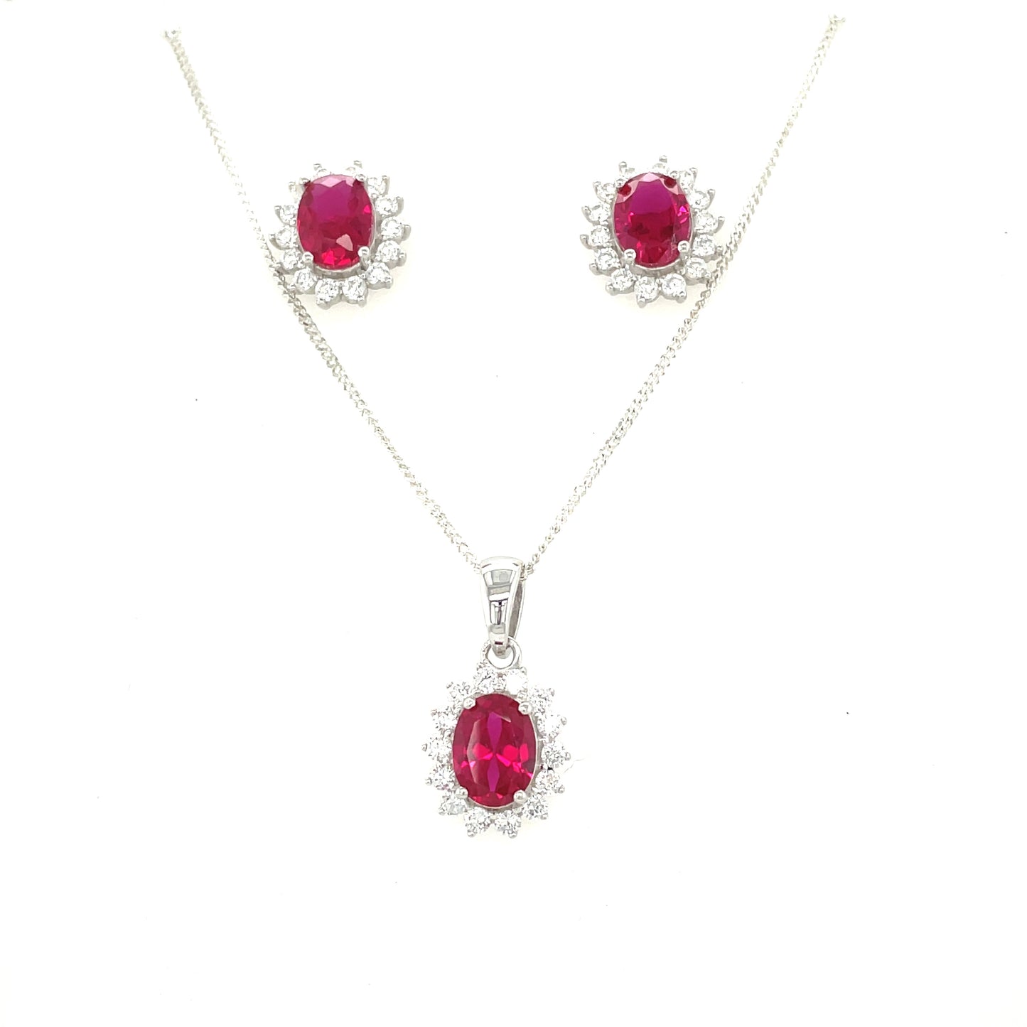 Sterling Silver Cubic Zirconia/Red Oval Cluster Pendant Set