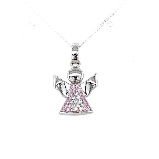 Sterling Silver Pink/Cubic Zirconia Pave Set Angel Pendant
