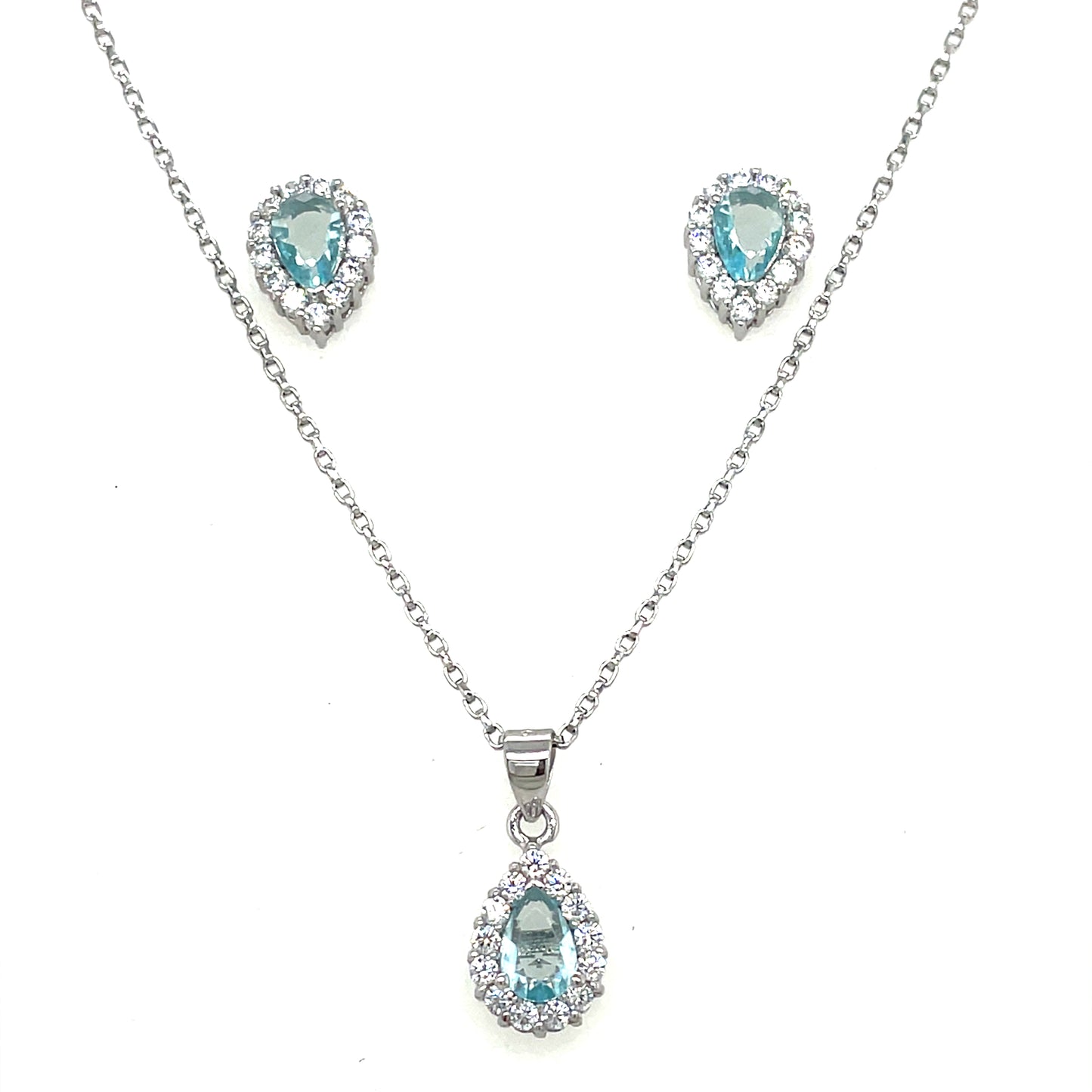 Sterling Silver Cubic Zirconia/Aqua Pendant And Earring Set