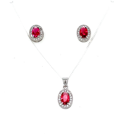 Sterling Silver Cubic Zirconia/Red Oval Pendnat And Earring Set