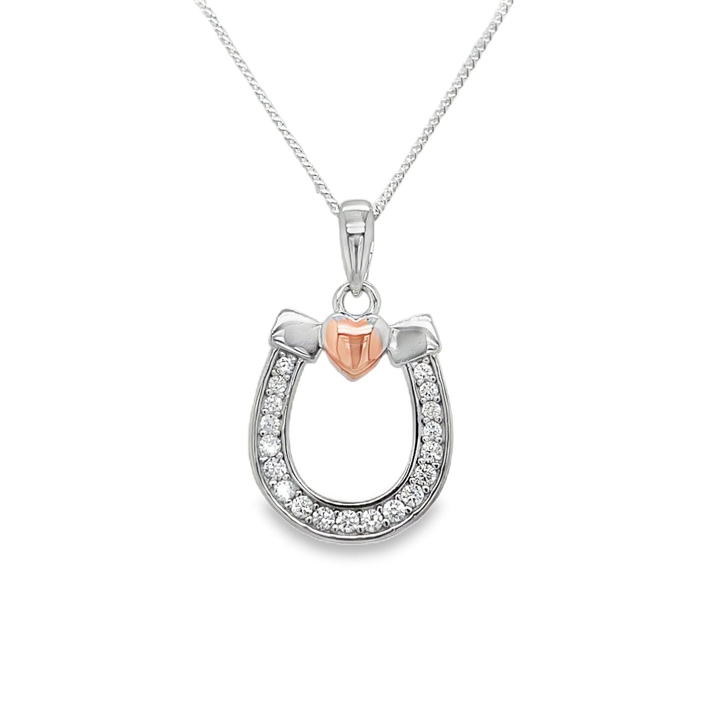 Sterling Silver Rose Plated Cubic Zirconia Horseshoe Pendant