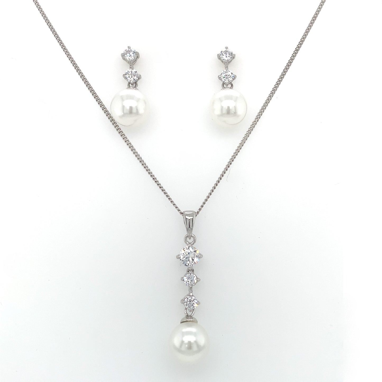 Sterling Silver Pearl And Cubic Zirconia Drop Set