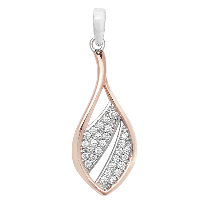 Sterling Silver Leaf Cubic Zirconia Pendant In Rose