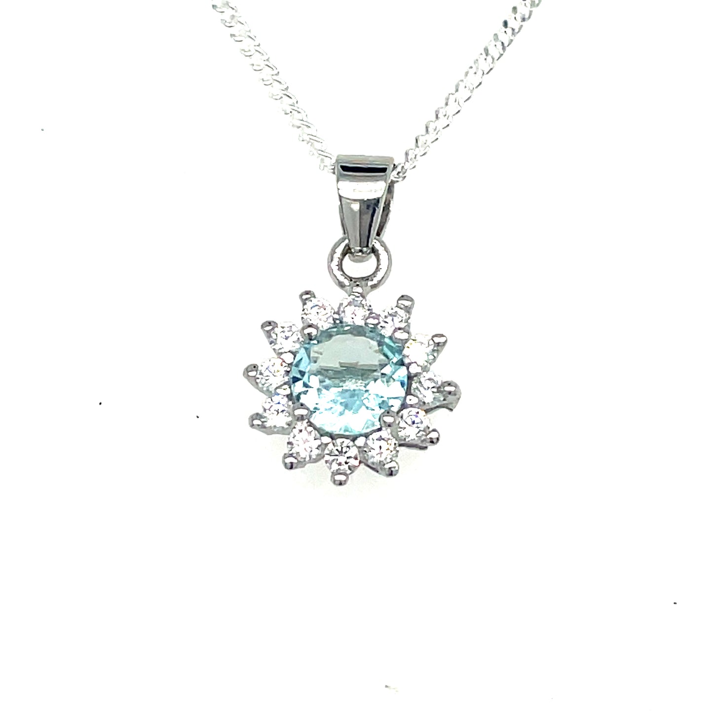 Sterling Silver Aqua And Cubic Zirconia Round Cluster Set