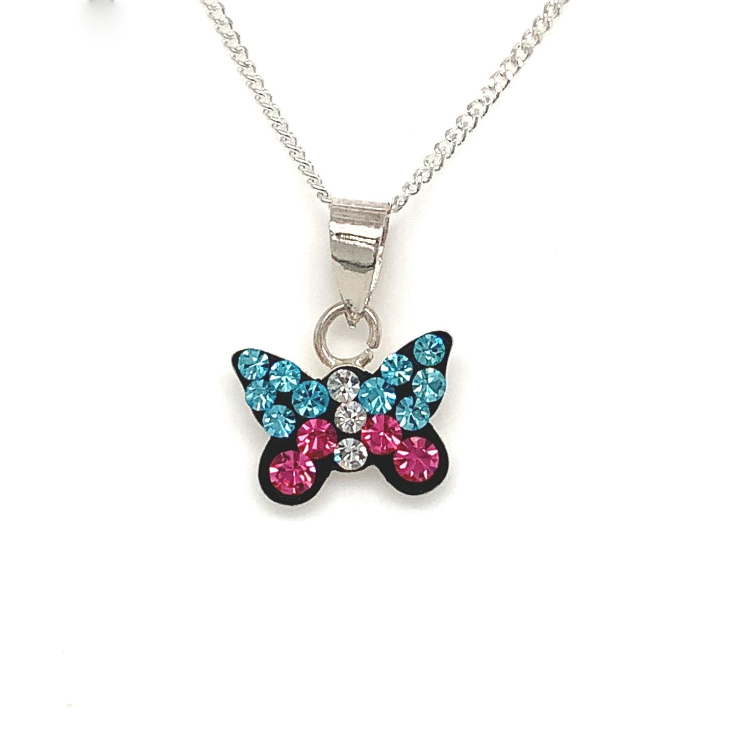 Sterling Silver Pink&Blue Cubic Zirconia Butterfly Kids Pendant