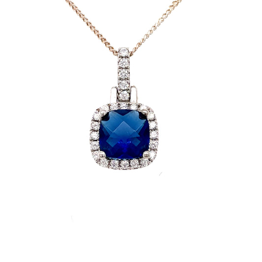 Sterling Silver Square Cluster Pendant With Blue/Cubic Zirconia