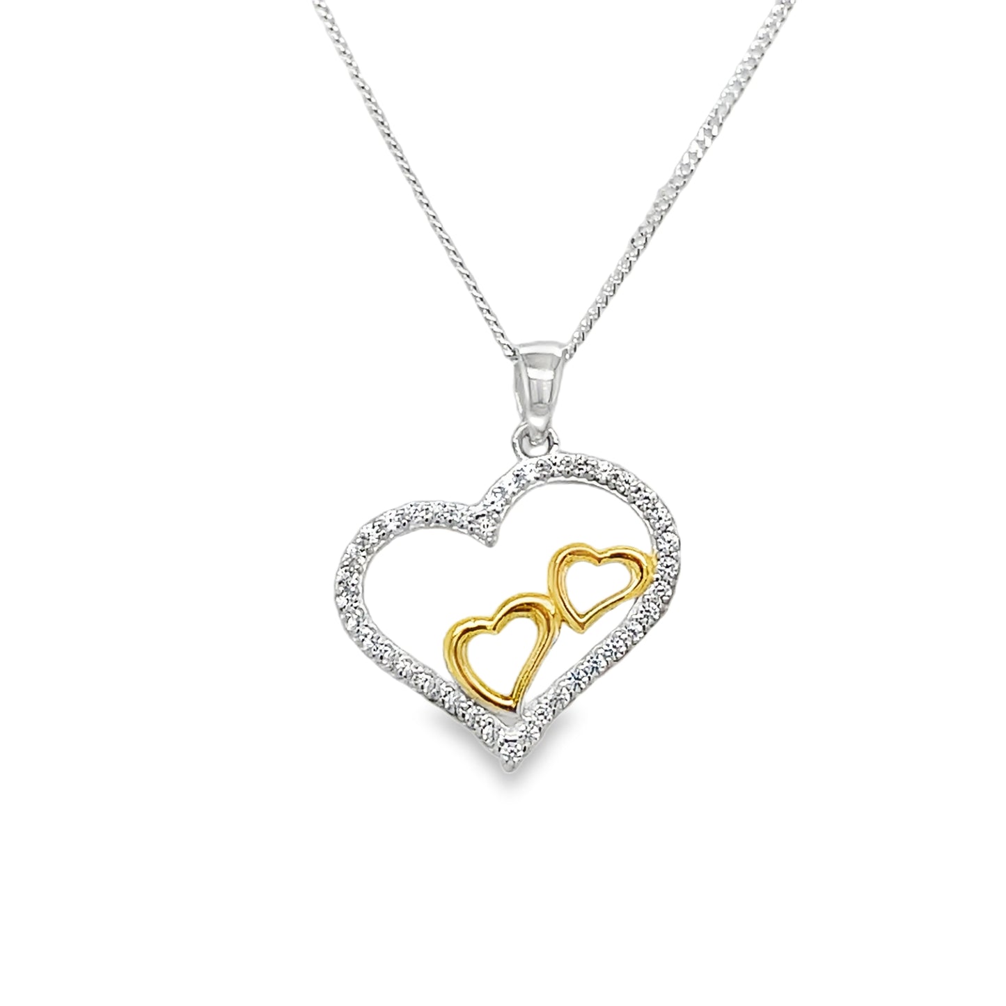 Sterling Silver 2 Colour Plain And Cubic Zirconia Heart Pendant