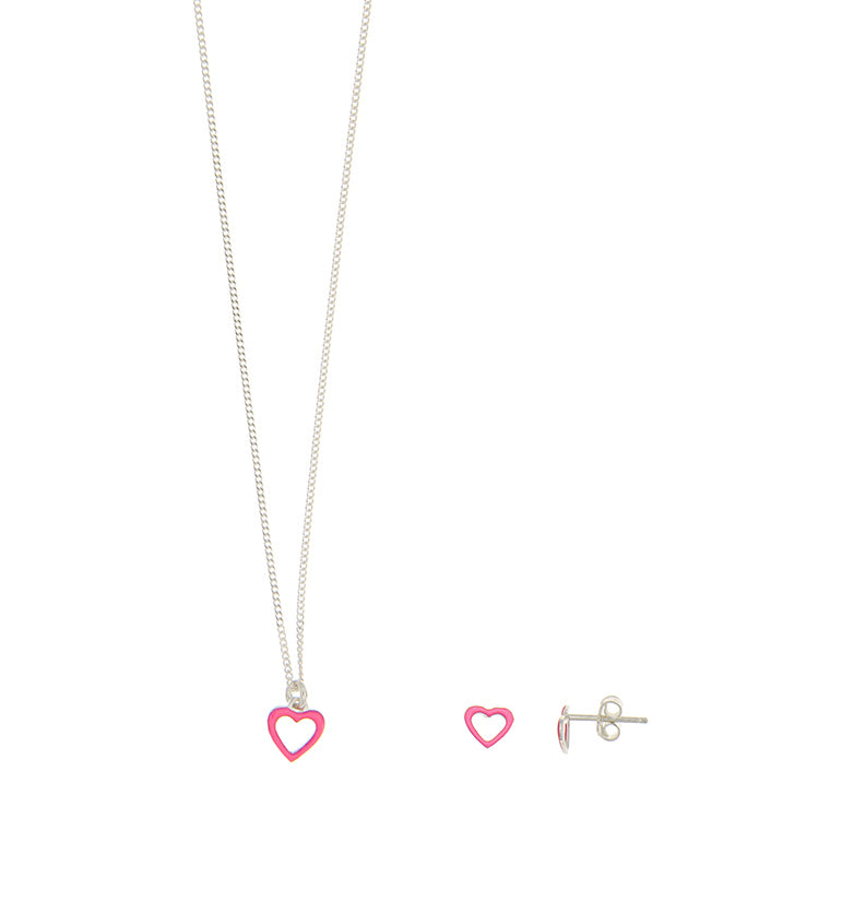 Sterling Silver Pink Heart Pendant And Earring Set
