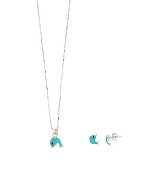 Sterling Silver Blue Dolphin Pendant And Earring Set