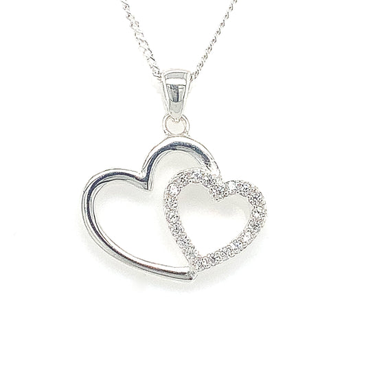 Sterling Silver Cubic Zirconia And Plain Double Heart Pendant