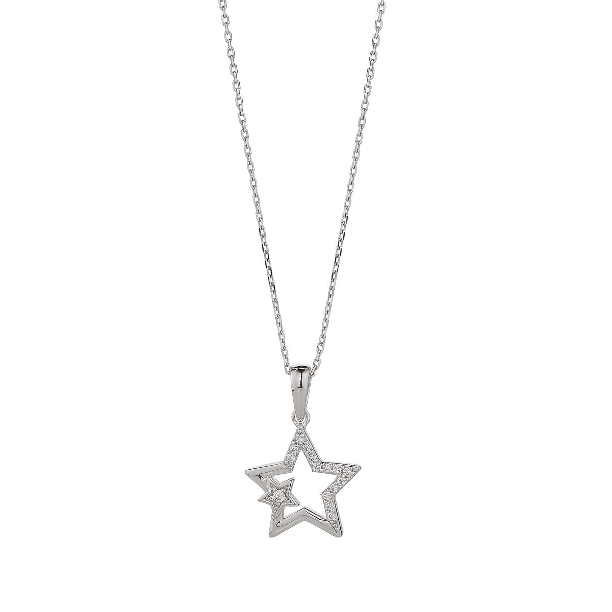 Sterling Silver Cubic Zirconia And Plain Double Star Pendant