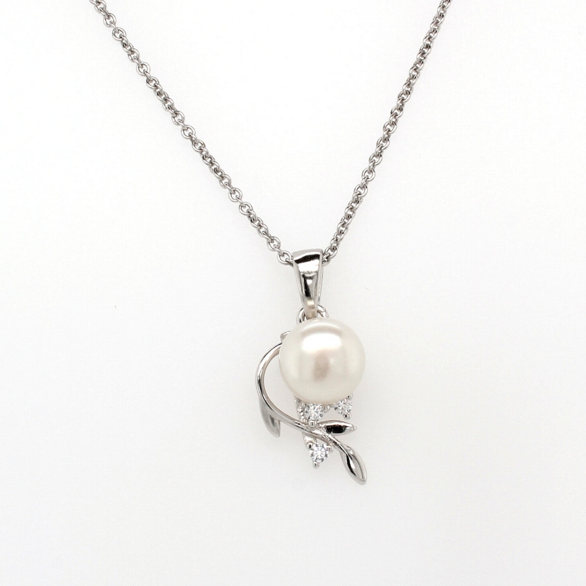 Sterling Silver 7.5mm Pearl And Cubic Zirconia Leaf Pendant