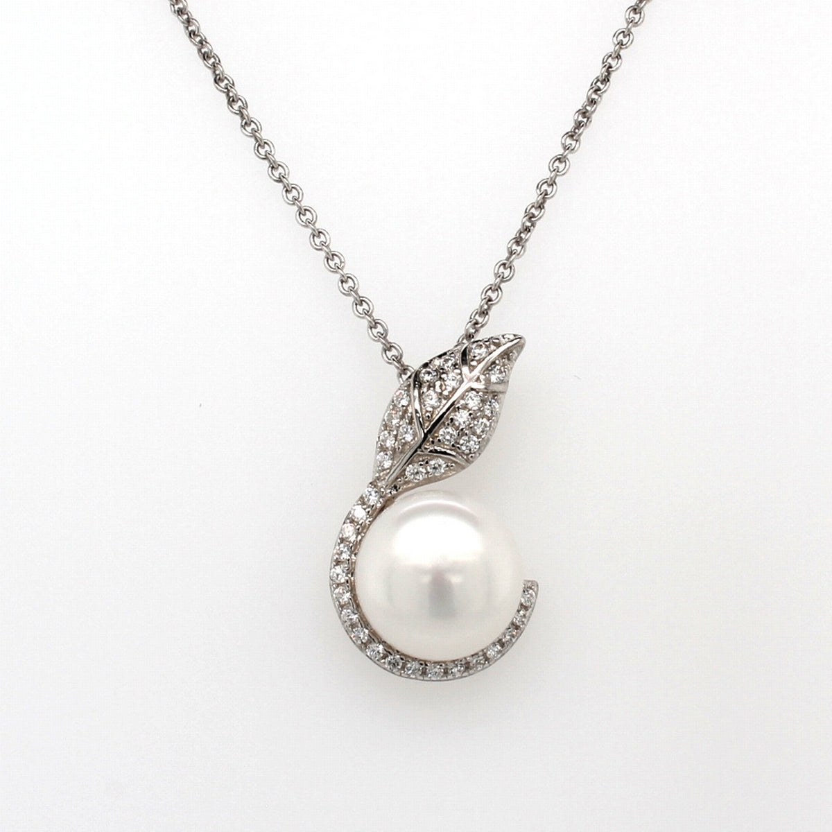 Sterling Silver 9.5mm Pearl And Cubic Zirconia Wrap Leaf Pendant
