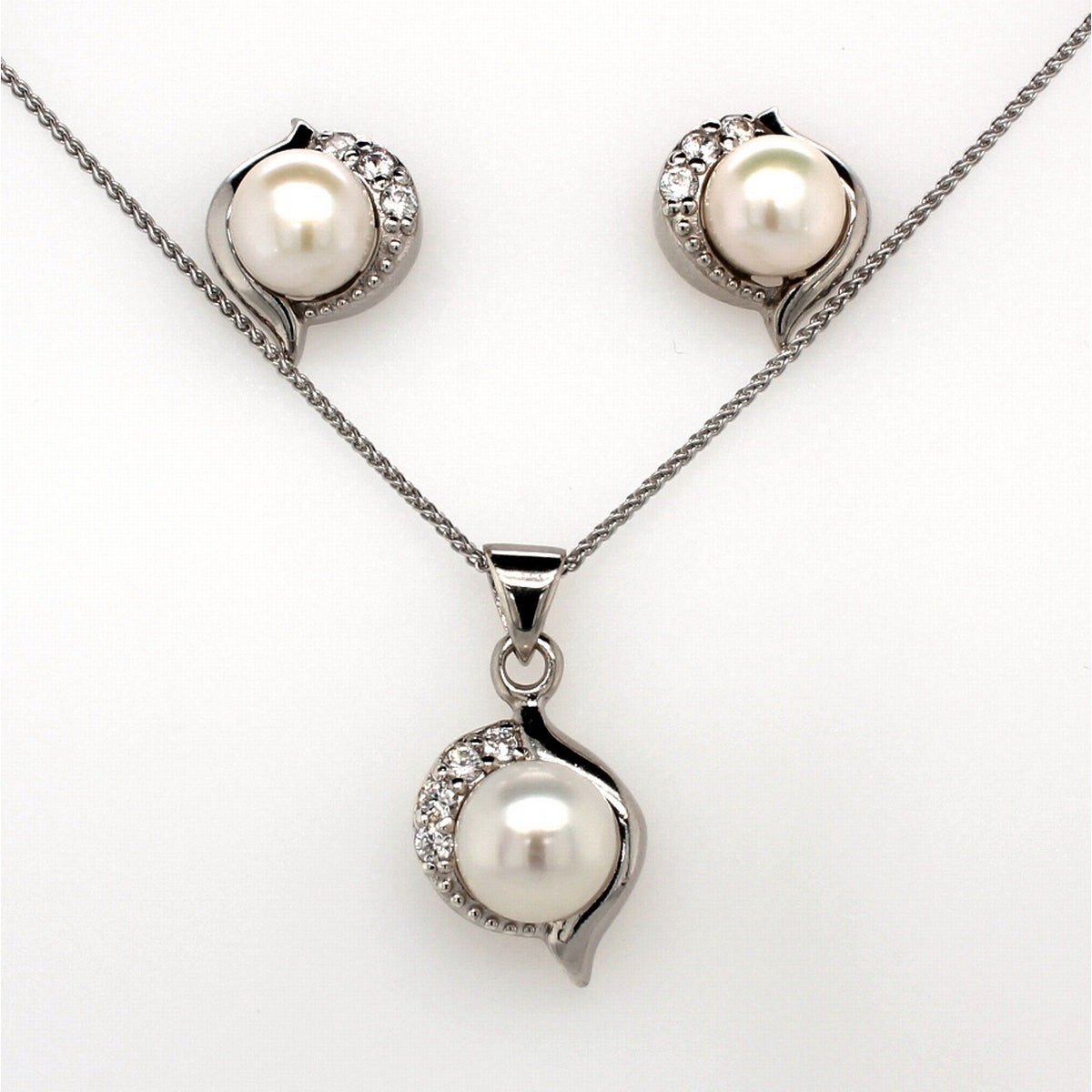 Sterling Silver Pearl And Cubic Zirconia Twist Set