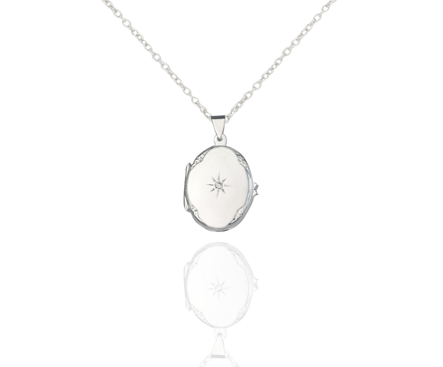 Sterling Silver Cubic Zirconia Star Centre Oval Locket