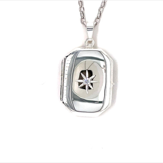 Sterling Silver Octogon Locket With Cubic Zirconia Centre