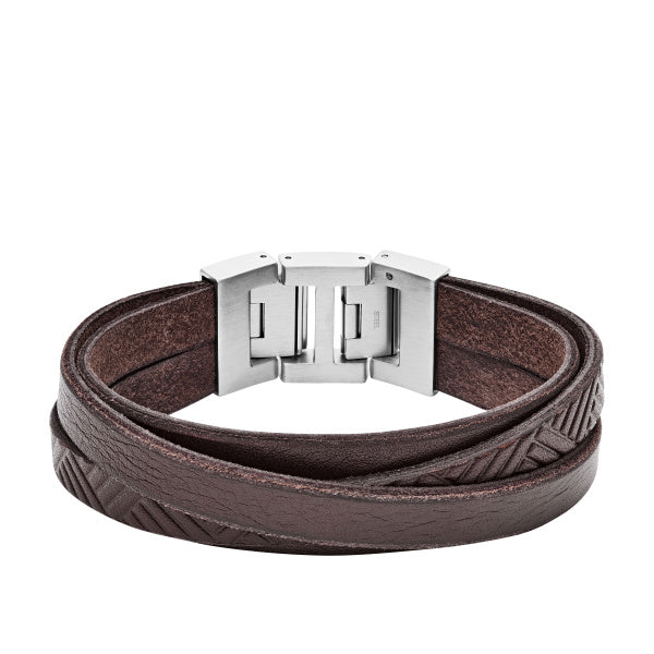 Gents Stainless Steel Clasp  Brown Leather Bracelet Fossil