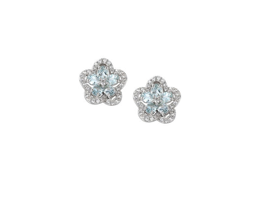 Sterling Silver Camellia Aqua And Cubic Zirconia Earrings