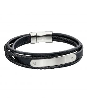 Fred Bennett Steel Id Plate Black Leather Multi Bracelet