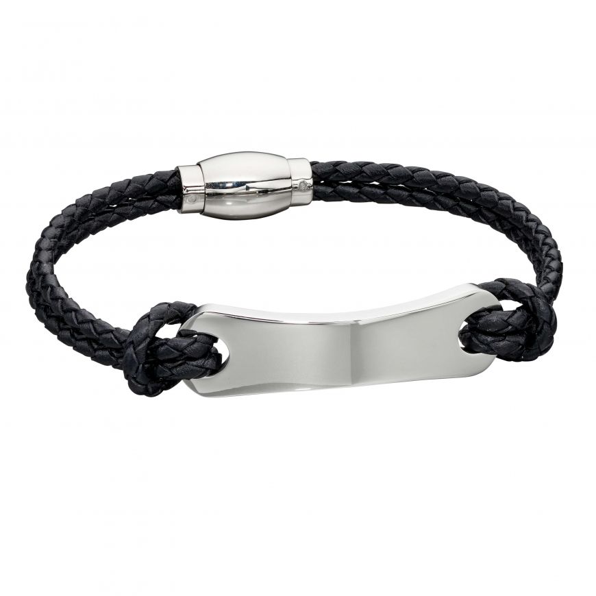 Fred Bennett Black Plaited Leather Large Id Bar Bracelet