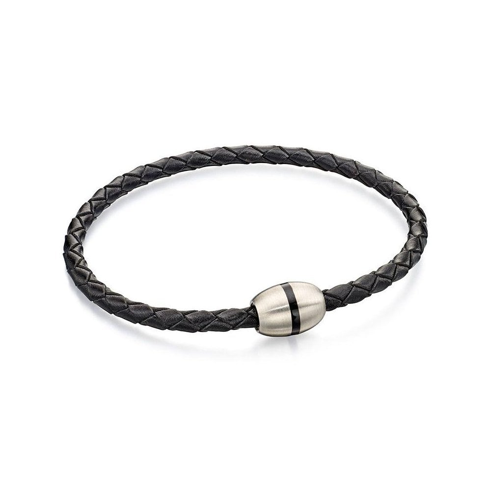 Fred Bennett Thin Black Leather Bracelet With Steel Clasp