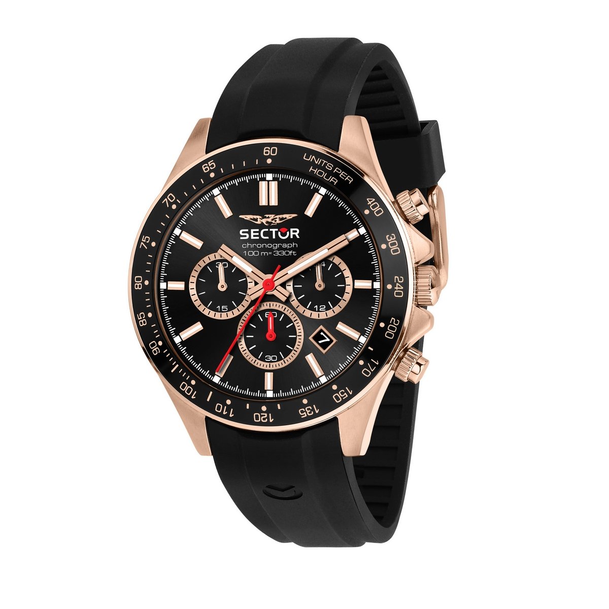 Gents Sector Rose Plated Bezel Black Plastic Strap
